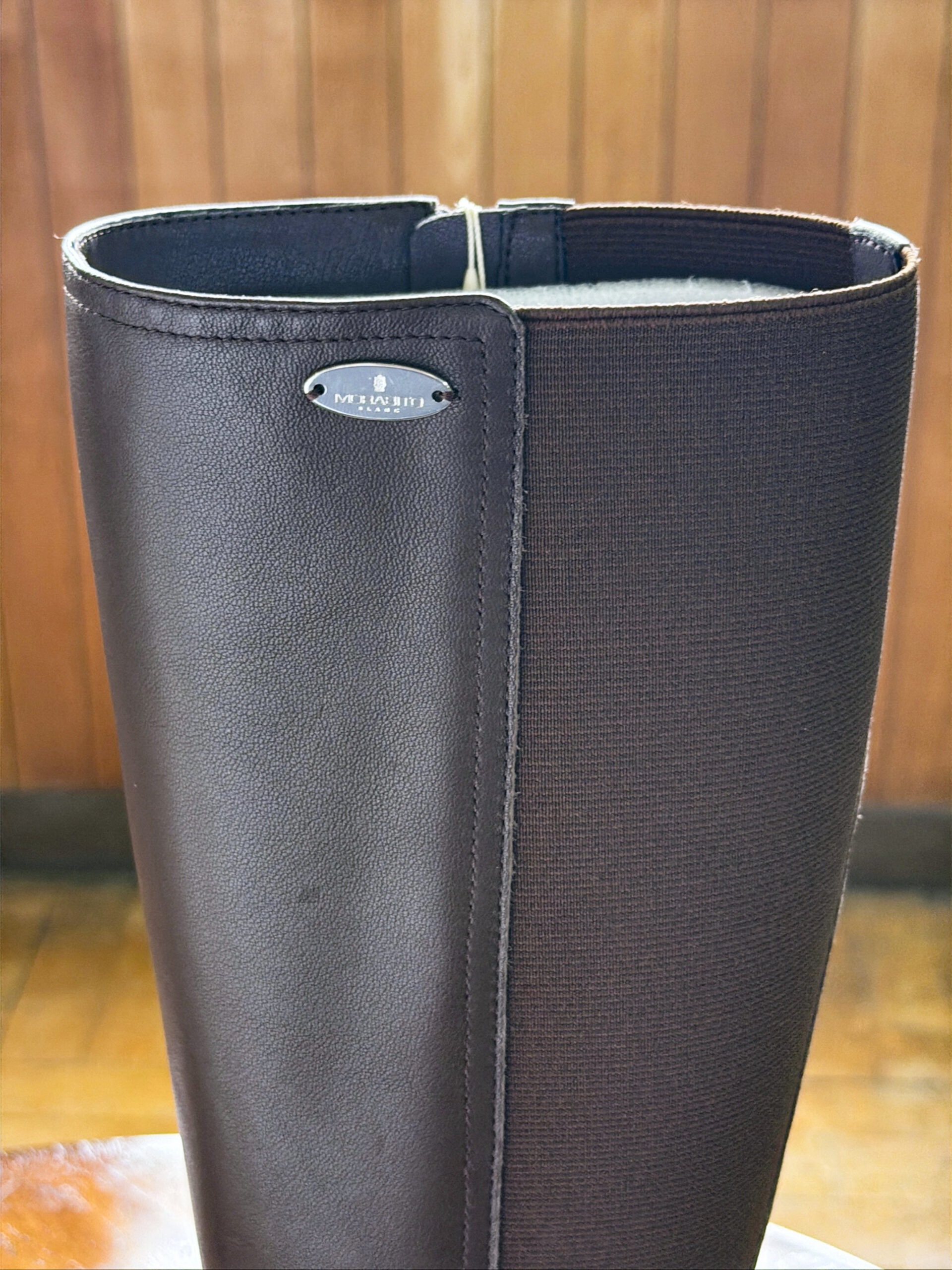 モラビト ストレッチ切替レザーロングブーツ