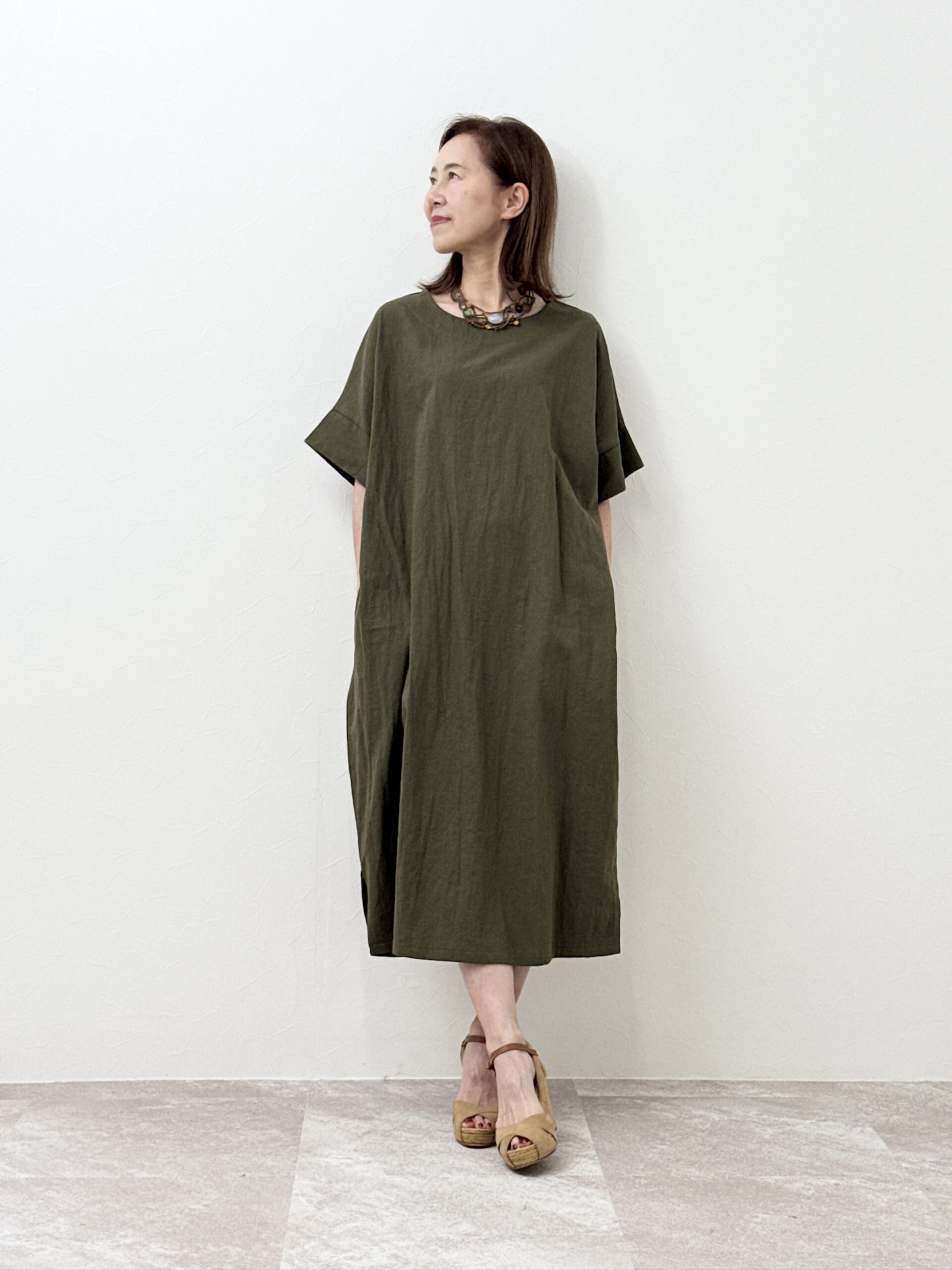 麻綿サイドスリット ワンピース