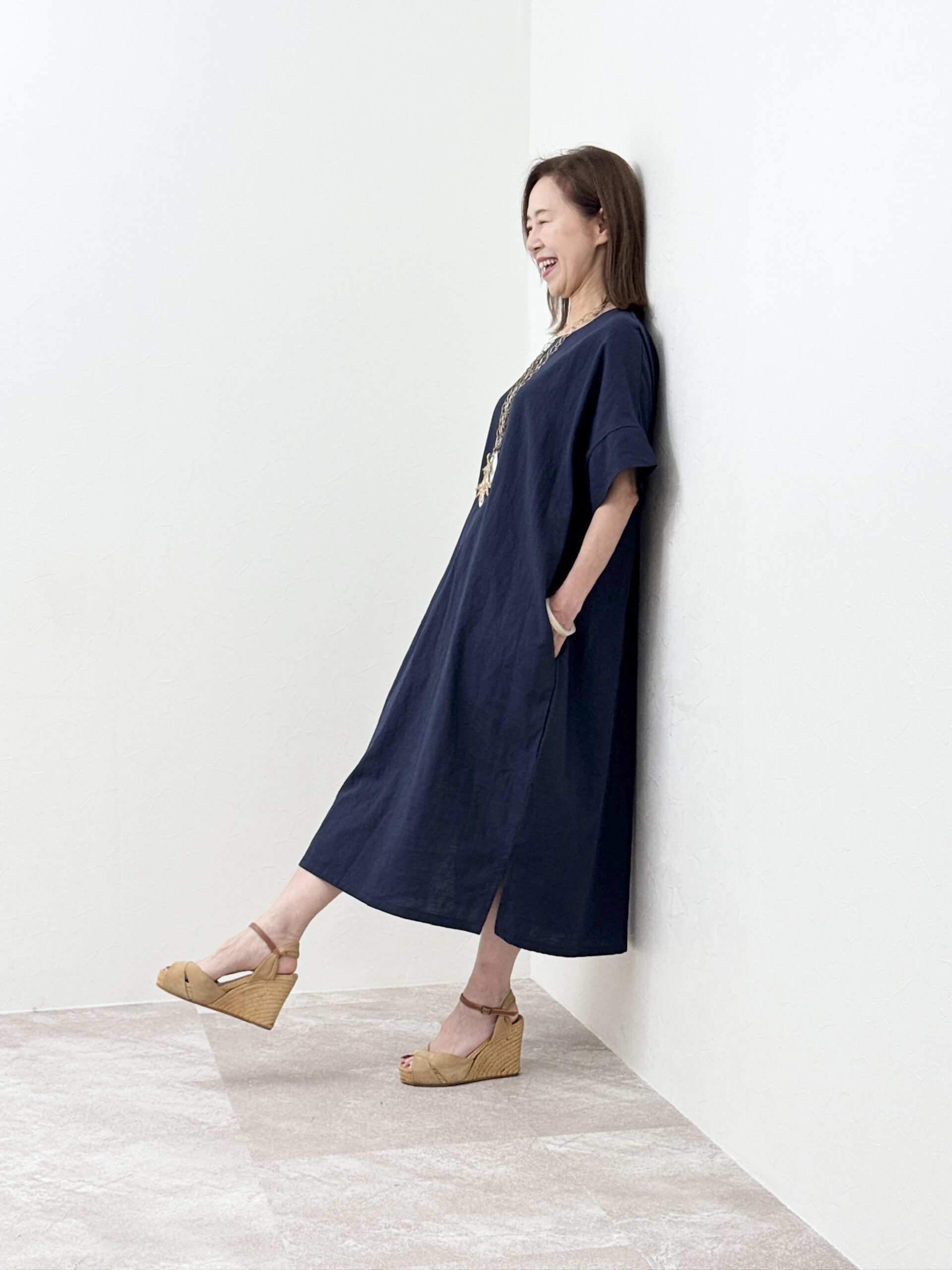 麻綿サイドスリット ワンピース