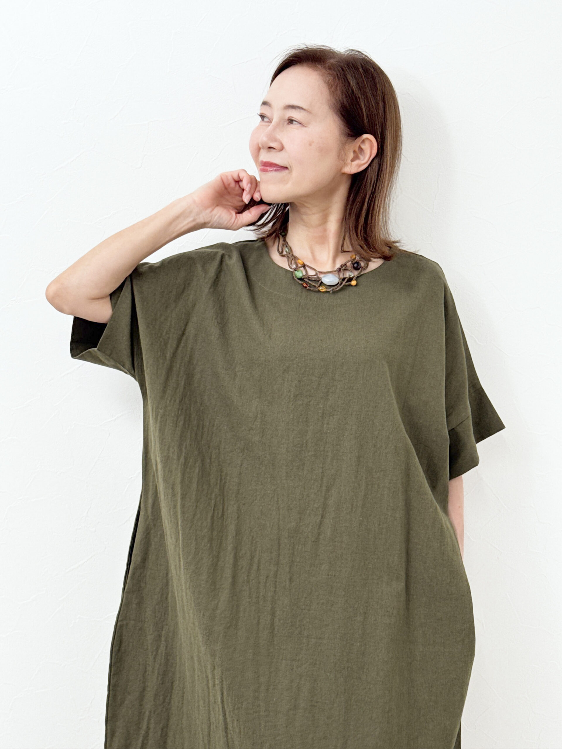 麻綿サイドスリット ワンピース