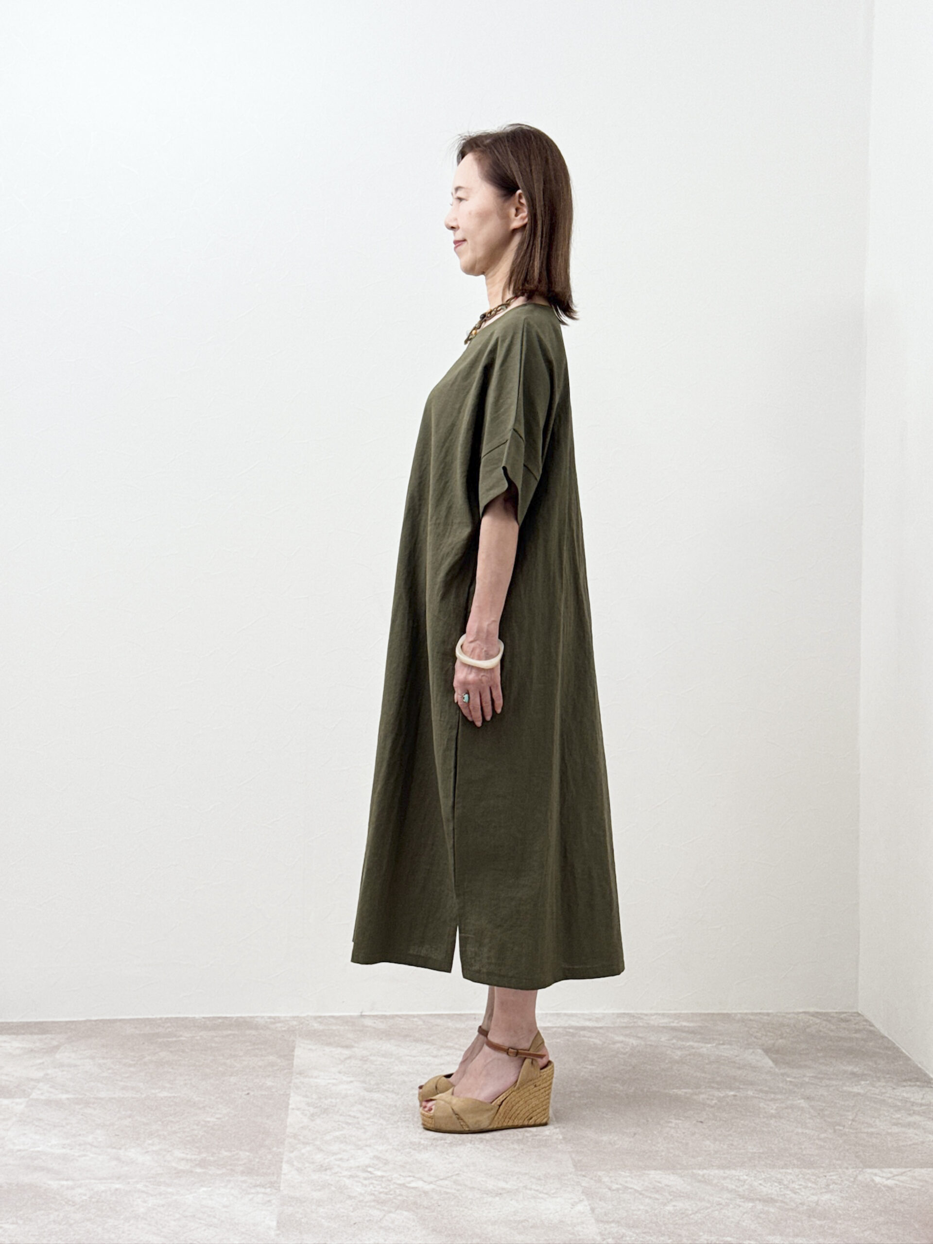 麻綿サイドスリット ワンピース
