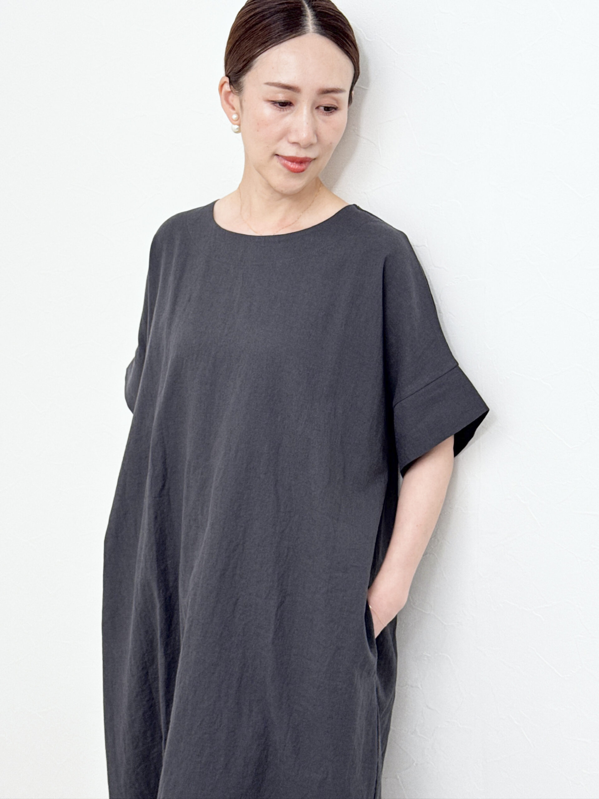 麻綿サイドスリット ワンピース
