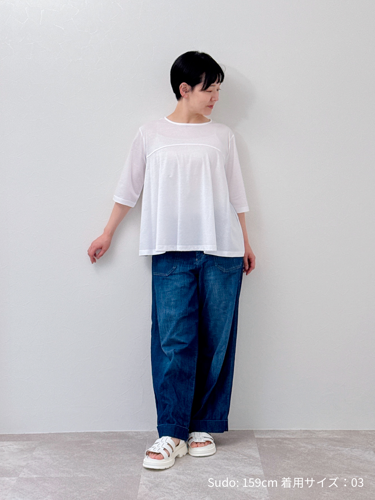5分袖フレアTシャツ モノトーン