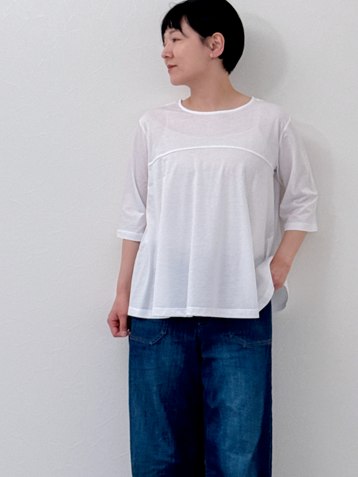 5分袖フレアTシャツ モノトーン