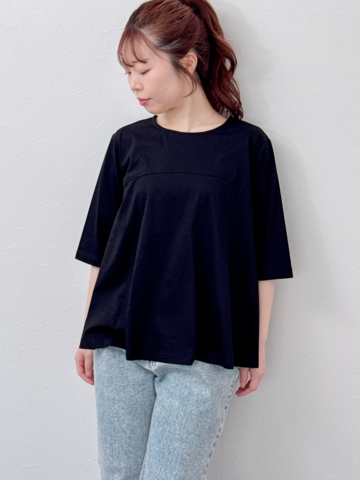 5分袖フレアTシャツ モノトーン