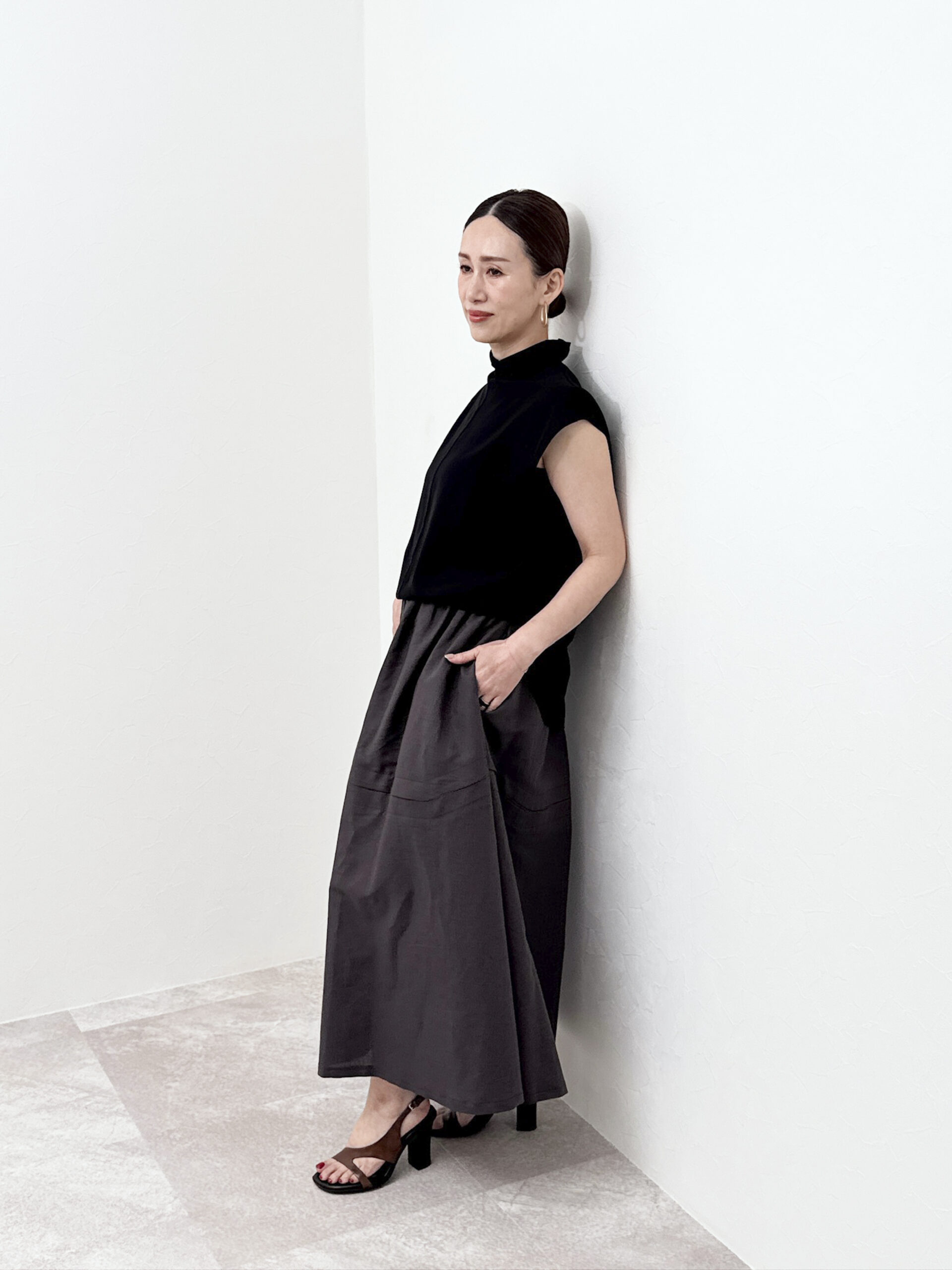 麻綿 切り替え フレアスカート